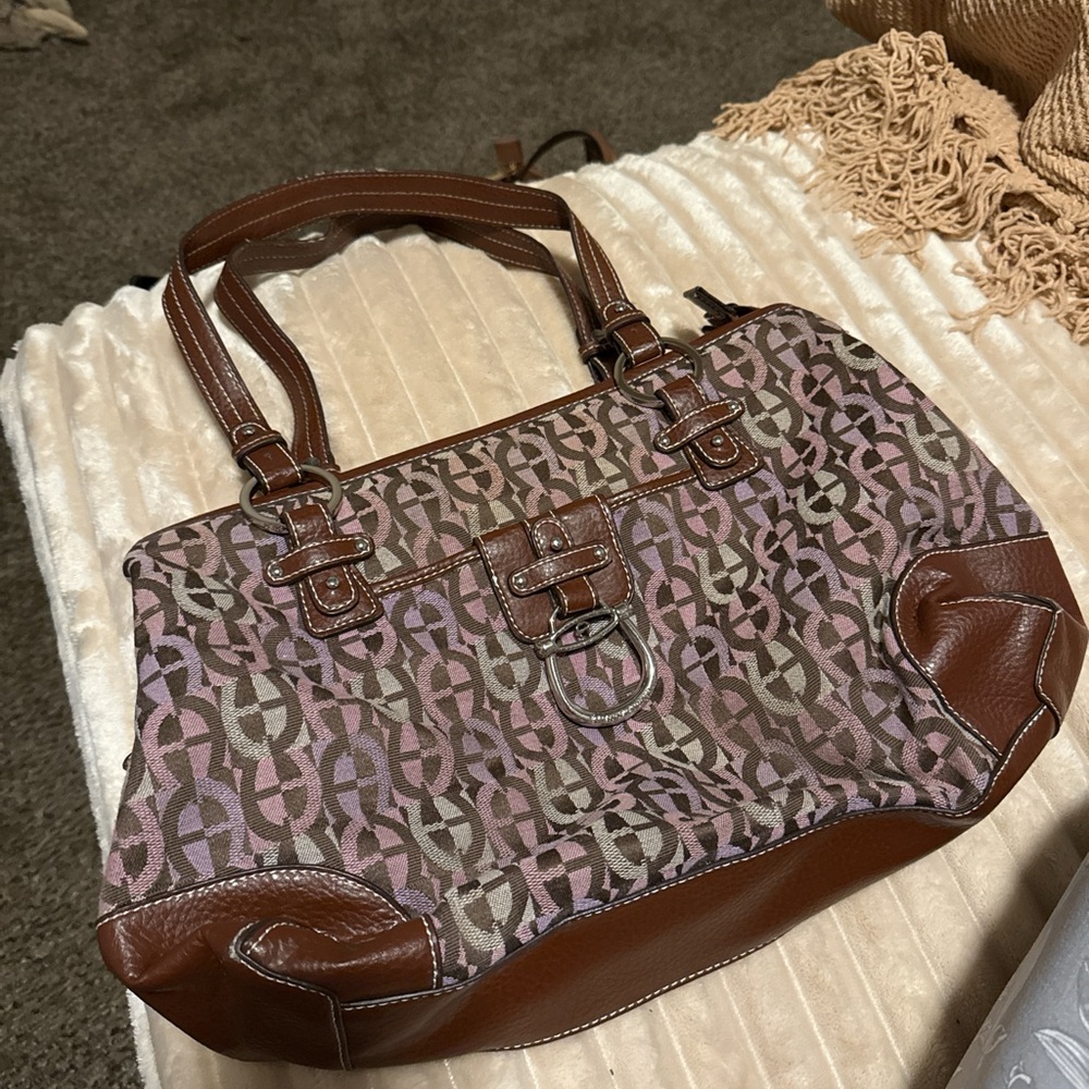 Etienne Aigner Brown and Purple Shoulder Bag with Leather Trim